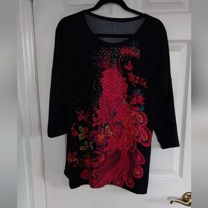 Elegant Black and Red Peacock Print Women's Top